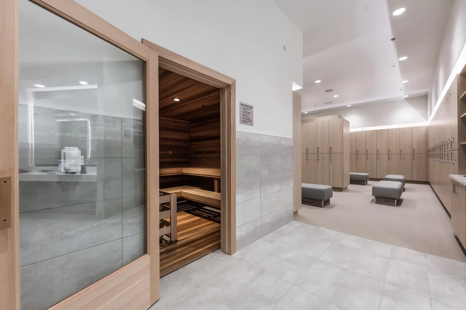 a room with a sauna and lockers
